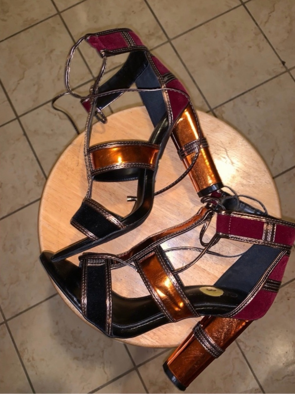Metallic Copper & Burgundy Strappy Block Heel Sandals